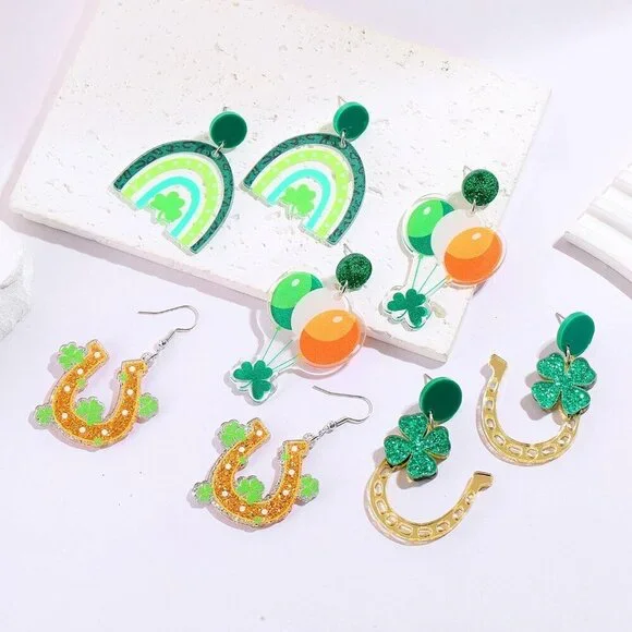 St Patrick's Day Earrings Set 9 Pairs Green Shamrock Clover Festive Dangle Jewel - Picture 6 of 8